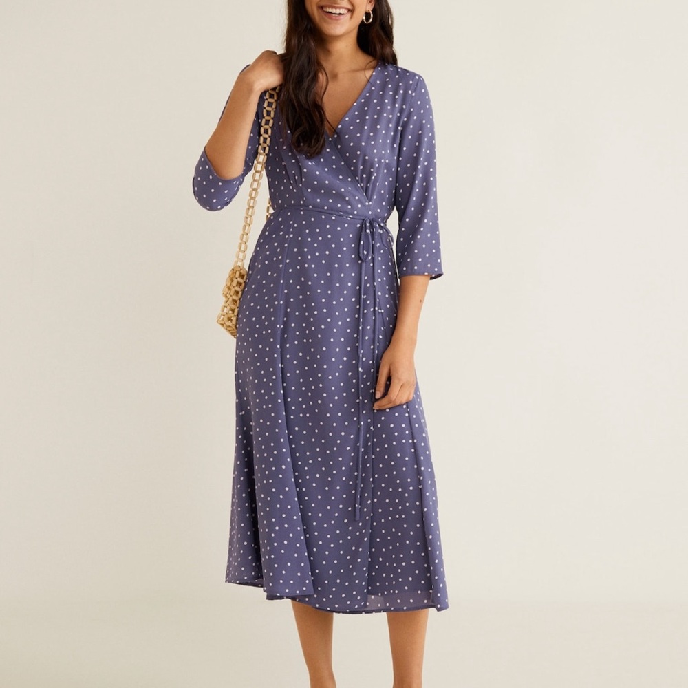 MANGO Purple Polka Dot Wrap Crepe Dress Size XS NWT